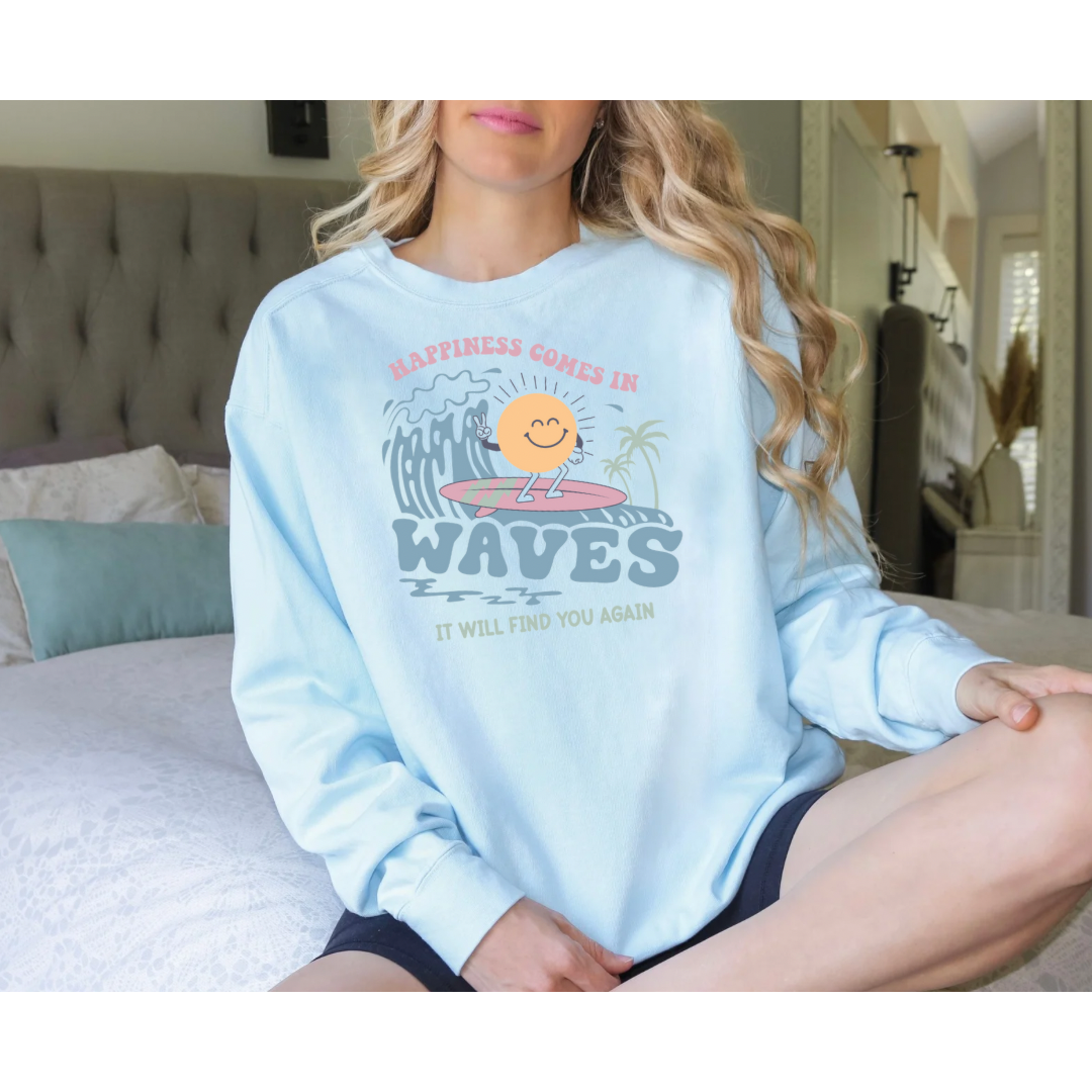 happiness comes in waves crewneck